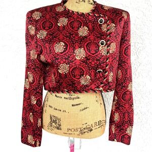 VTG‎ Richard Warren Saks Fifth Ave 100% Silk Cropped Blazer Red Black Gold Sz 12